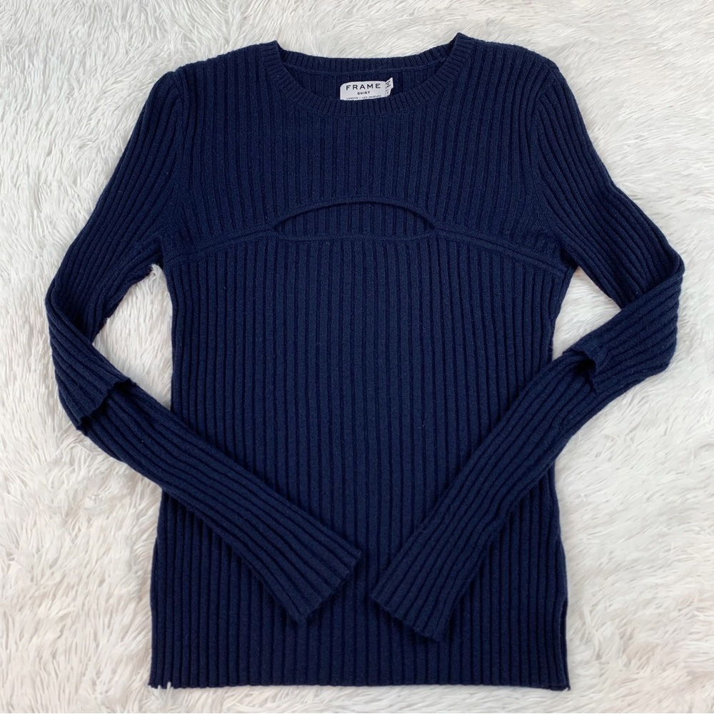 Frame long sleeve ribbed pullover sweater cut out fitted navy blue